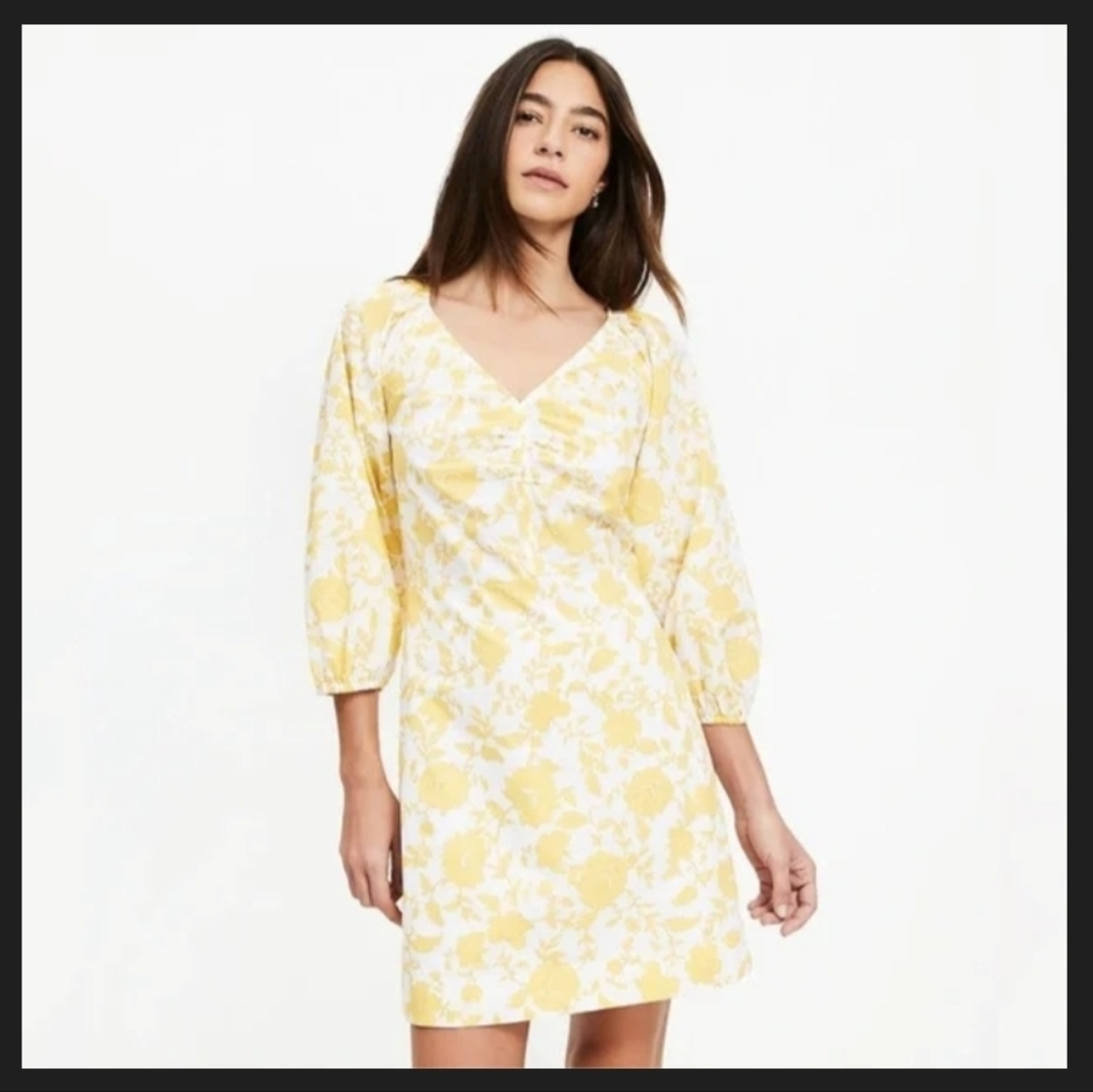 LOFT Yellow Floral Poplin Mini Dress Shirred Cotton Cottagecore Women’s 8 Summer - Picture 4 of 9